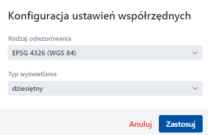 Okno konfiguracji ustawień współrzędnych Okno konfiguracji ustawień współrzędnych