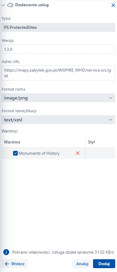 Dodawanie usług- wybór formatów i warstw Dodawanie usług- wybór formatów i warstw