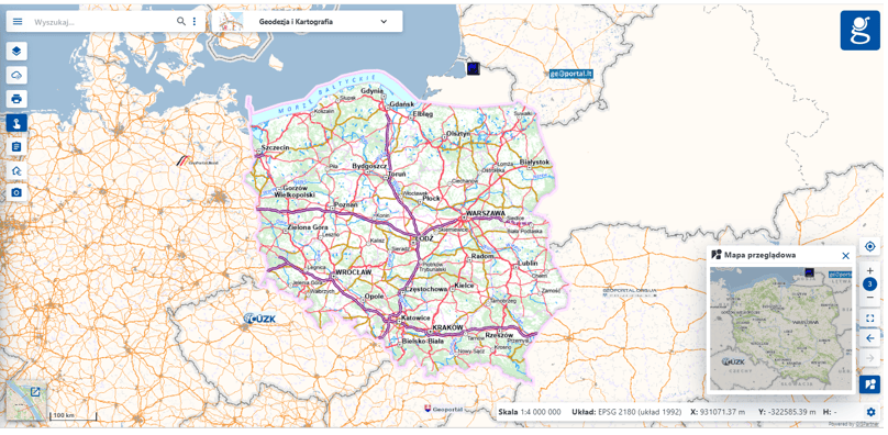 Domyślny widok startowy modułu Geodezja i Kartografia