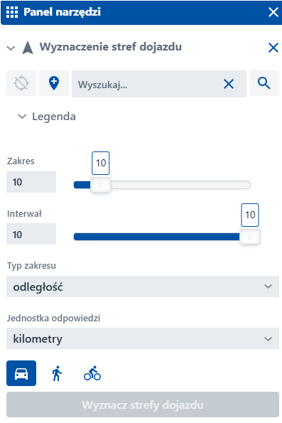 Okno Wyznaczenie stref dojazdu 