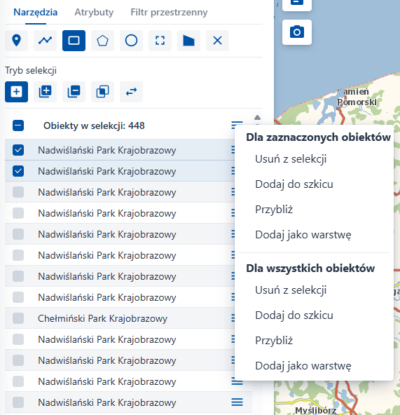 Akcje dostępne dla wybranych i wszystkich obiektów