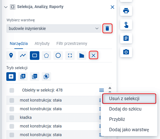 Usunięcie obiektów znajdujących się w selekcji